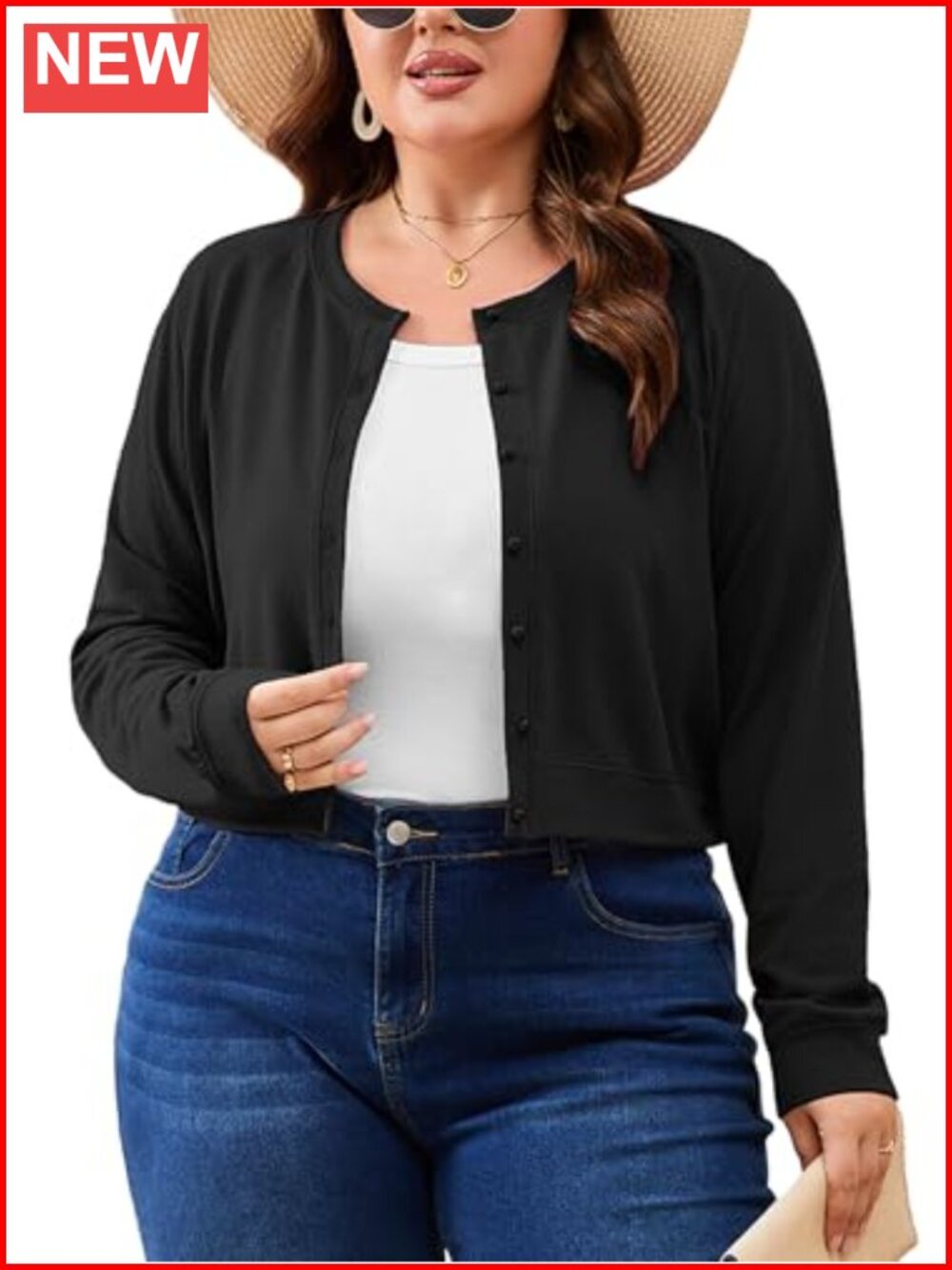 Plus Size Cropped Cardigan Lightweight Button Front Knit Crew Neck Short